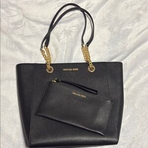 Michael Kors Black Tote Bag with Gold Accents and Matching Clutch wallet